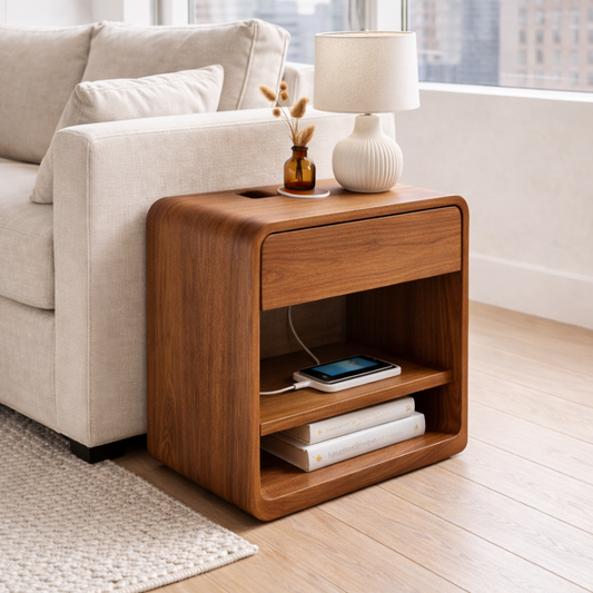 Solid Wood End Table with Drawer and Shelf – Modern Bedside Side Table with Storage Kitchnce