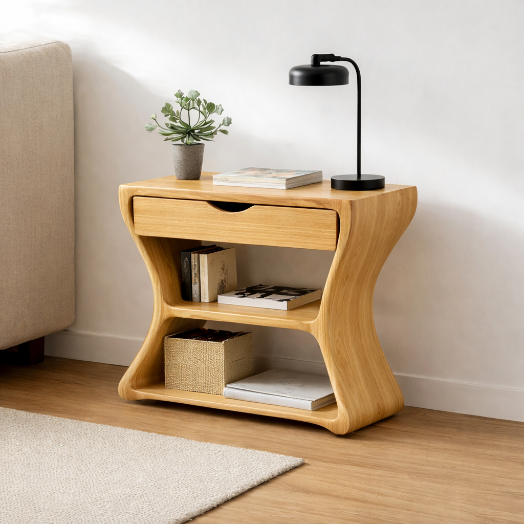 Solid Wood End Table with Drawer and Shelves – Modern Walnut Bedside Side Table Kitchnce