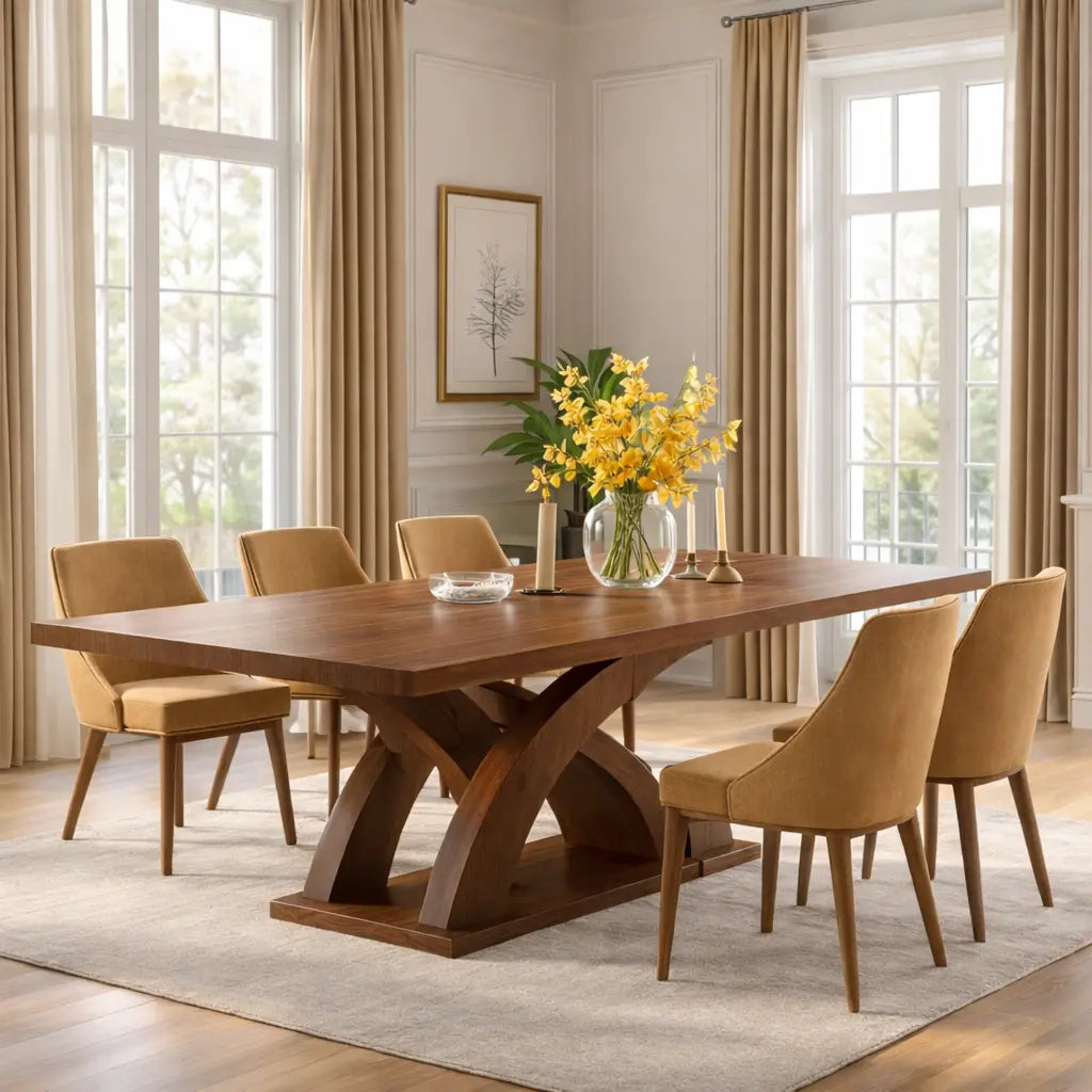 Modern Dining Table Sculptural Curved Base Large Wooden Dining Table for Home Kitchnce