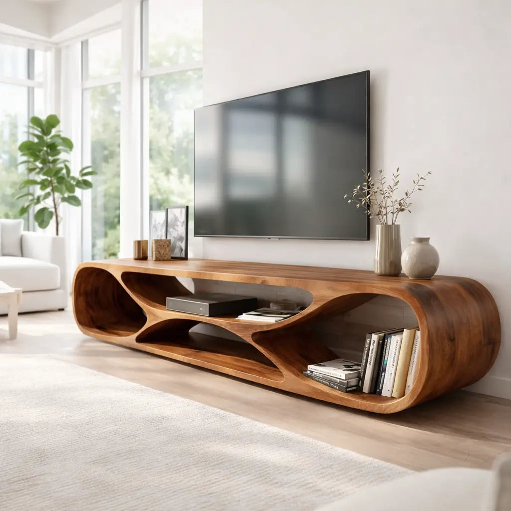 Sculptural Solid Wood TV Stand – Organic Modern Media Console Kitchnce