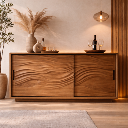 Solid Wood Console Table with Carved Wave Doors – Modern Walnut Sideboard Cabinet