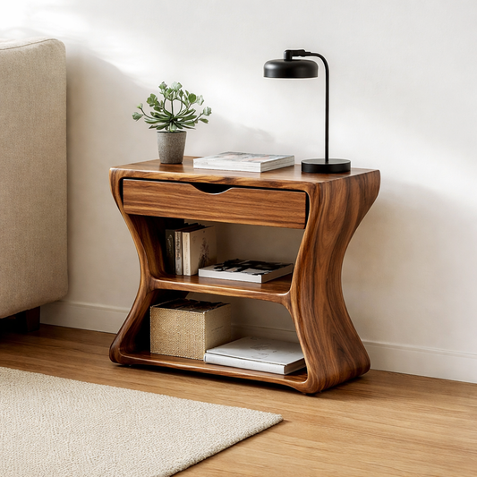 Solid Wood End Table with Drawer and Shelves – Modern Walnut Bedside Side Table Kitchnce
