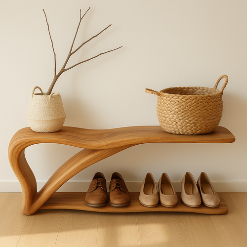 Sculptural Wooden Shoe Storage Bench – Solid Wood Entryway Bench with Shelf Kitchnce