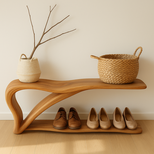 Sculptural Wooden Shoe Storage Bench – Solid Wood Entryway Bench with Shelf Kitchnce