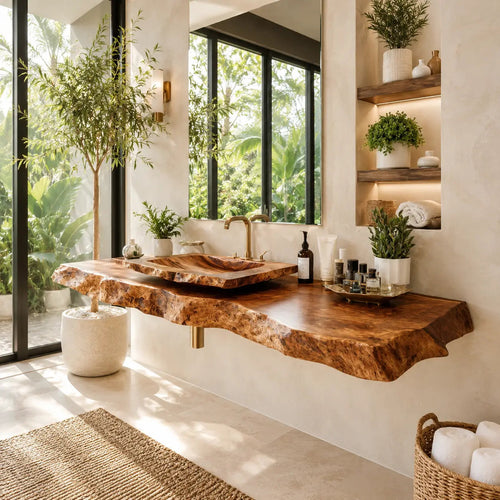 Burl Wood Vanity Shelf with Carved Sink | Live Edge Floating Bathroom Kitchnce