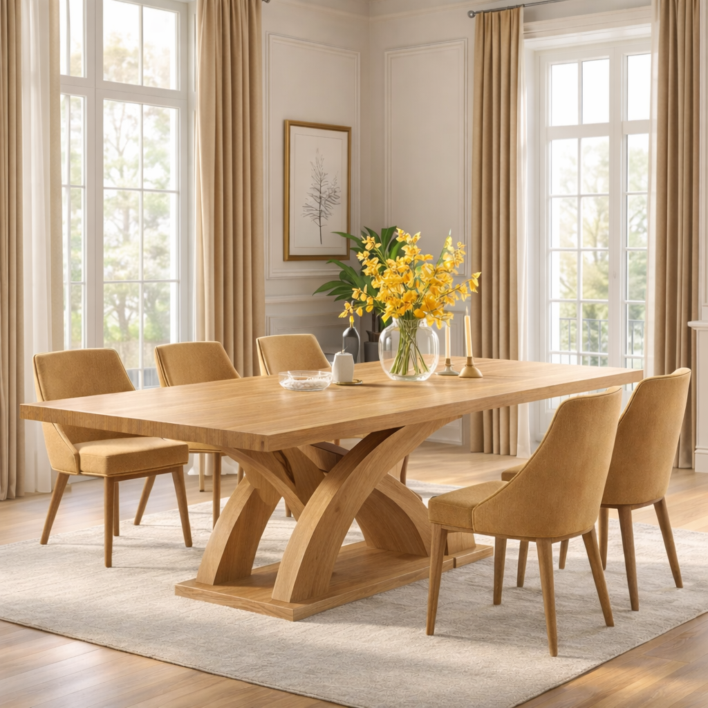 Modern Dining Table Sculptural Curved Base Large Wooden Dining Table for Home