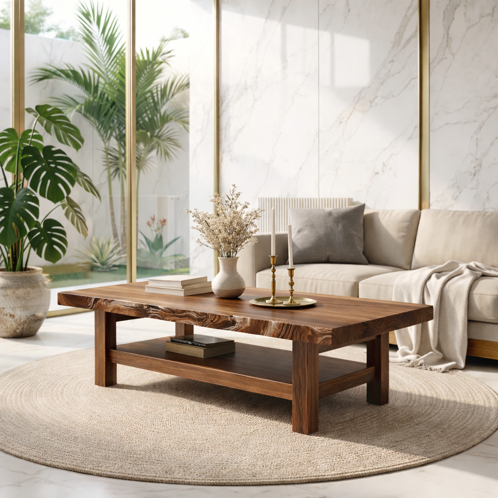 Handcrafted Solid Wood Coffee Table with Open Shelf and Natural Finish Kitchnce