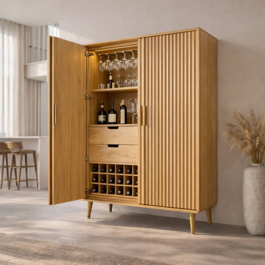 Solid Wood Bar Cabinet with Fluted Doors, Wine Storage & Glass Rack – Modern Home Bar Kitchnce