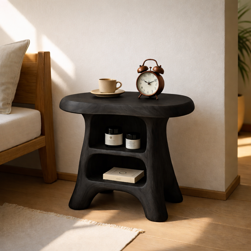 Modern Wood Nightstand with Curved Base and Shelves for Bedroom Storage Kitchnce