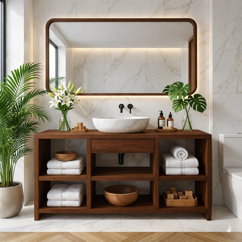 Contemporary Oak Bathroom Vanity with White Marble Sink & Open Shelving Kitchnce