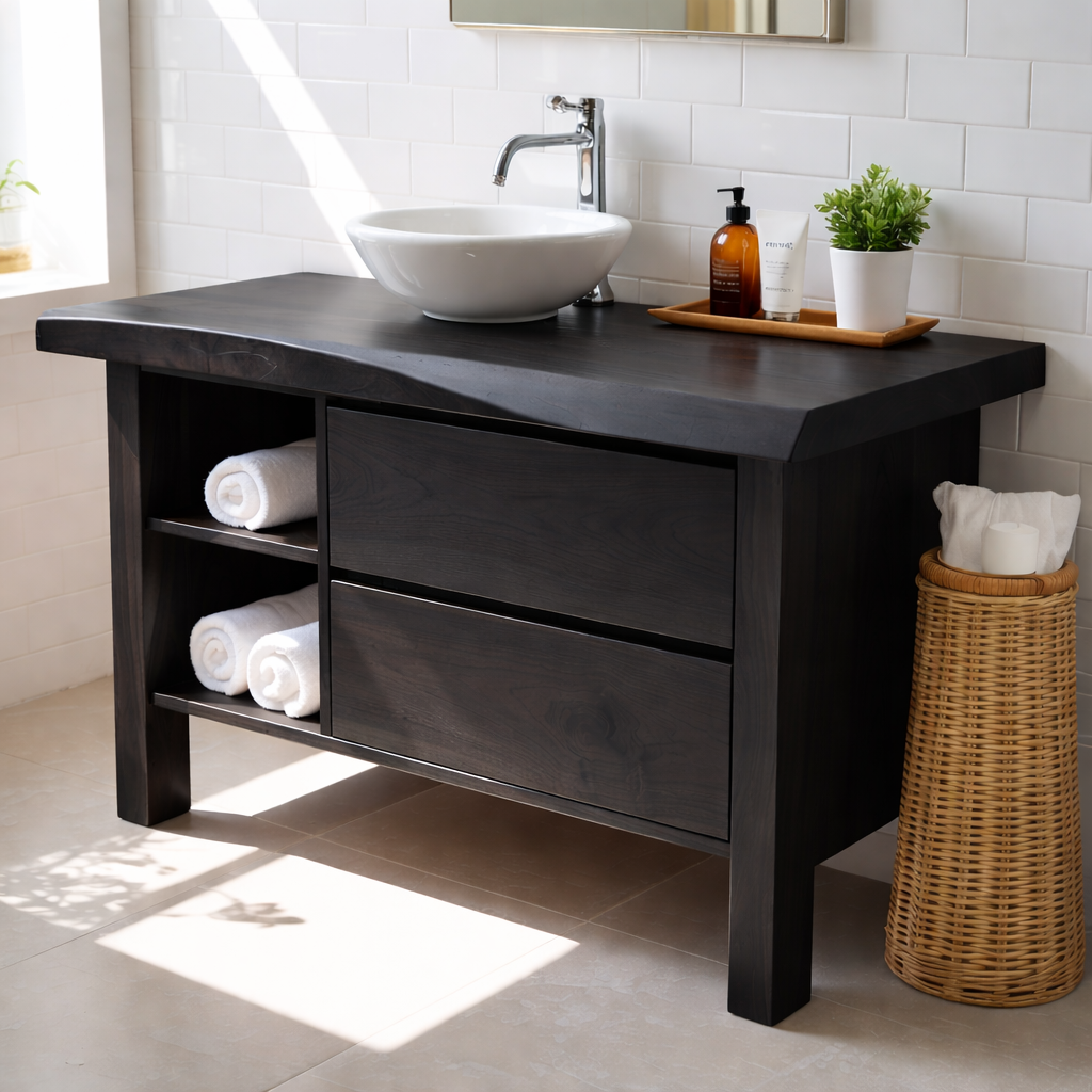 Modern Solid Wood Bathroom Vanity Cabinet With Drawers And Open Shelf Kitchnce