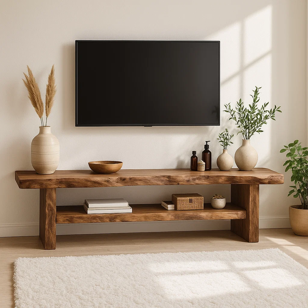 Rustic Solid Wood TV Stand Long Live Edge Media Console Natural Entertainment Unit Kitchnce