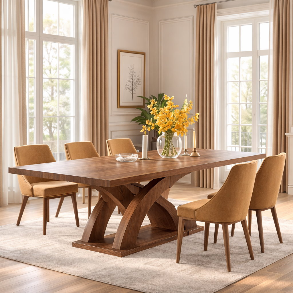 Modern Dining Table Sculptural Curved Base Large Wooden Dining Table for Home