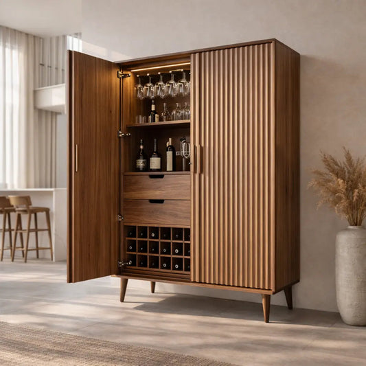 Solid Wood Bar Cabinet with Fluted Doors, Wine Storage & Glass Rack – Modern Home Bar Kitchnce