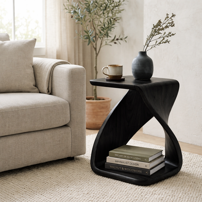 Solid Wood Sculptural End Table with Twisted Base and Storage Shelf