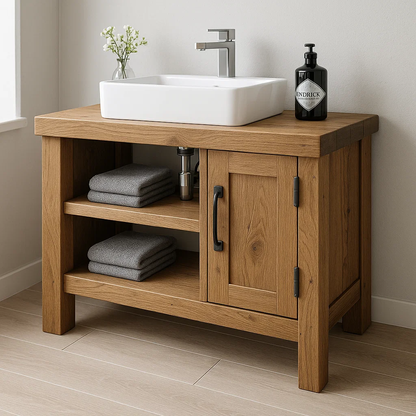 Handcrafted Solid Wood Bathroom Vanity – Modern Rustic Base with Door and Open Shelves Kitchnce