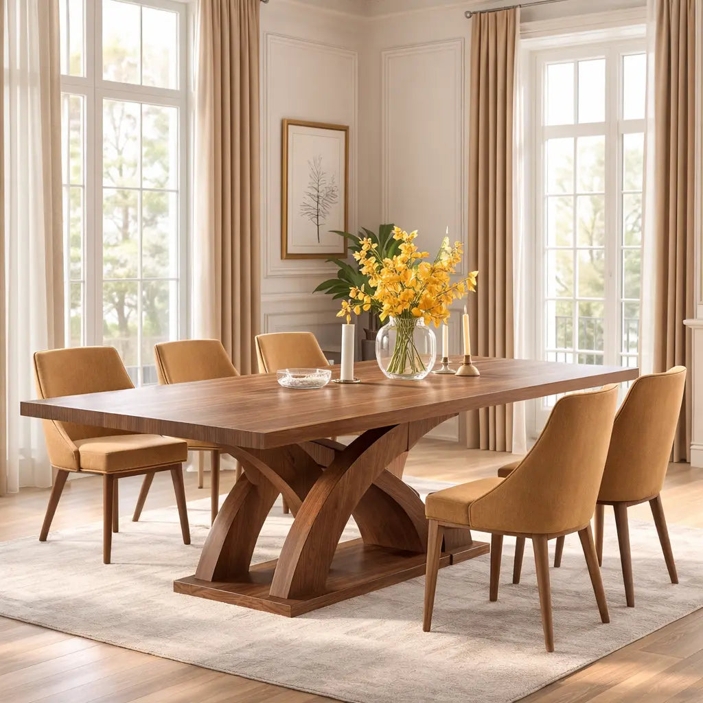 Modern Dining Table Sculptural Curved Base Large Wooden Dining Table for Home Kitchnce