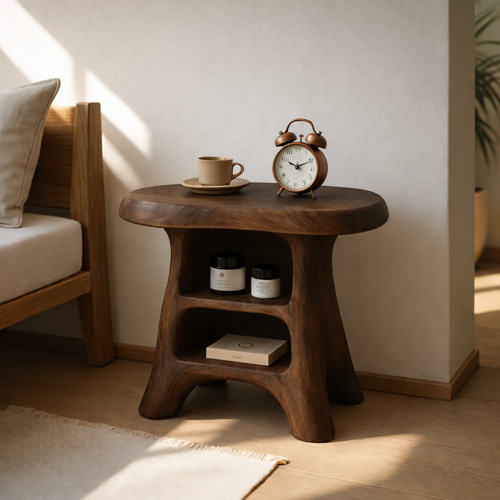Modern Wood Nightstand with Curved Base and Shelves for Bedroom Storage Kitchnce