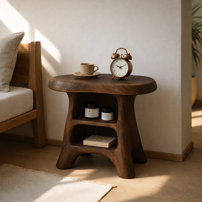 Modern Wood Nightstand with Curved Base and Shelves for Bedroom Storage Kitchnce