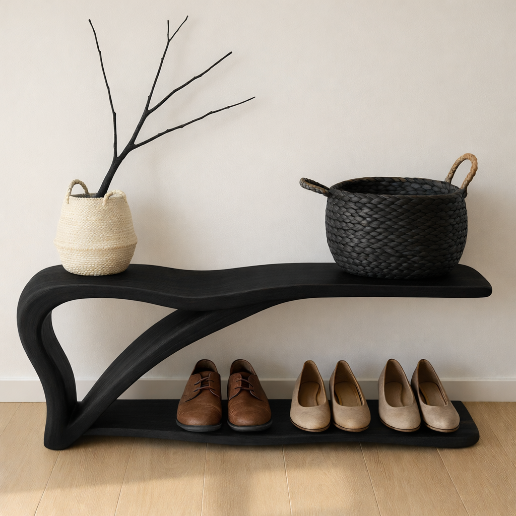 Sculptural Wooden Shoe Storage Bench – Solid Wood Entryway Bench with Shelf Kitchnce