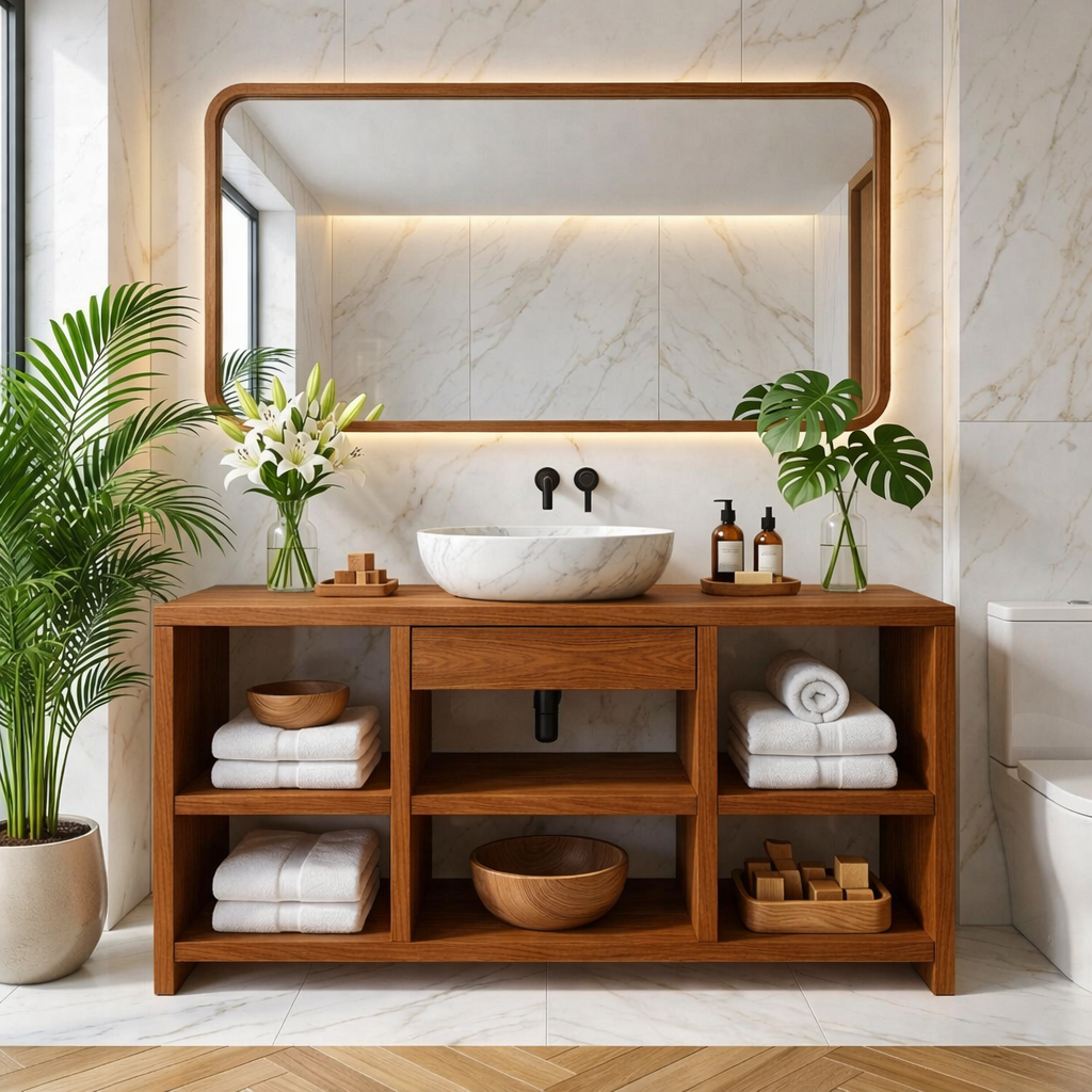 Contemporary Oak Bathroom Vanity with White Marble Sink & Open Shelving Kitchnce