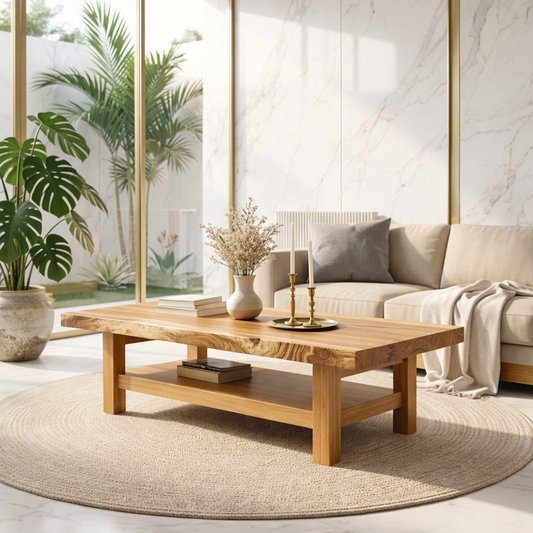 Handcrafted Solid Wood Coffee Table with Open Shelf and Natural Finish Kitchnce