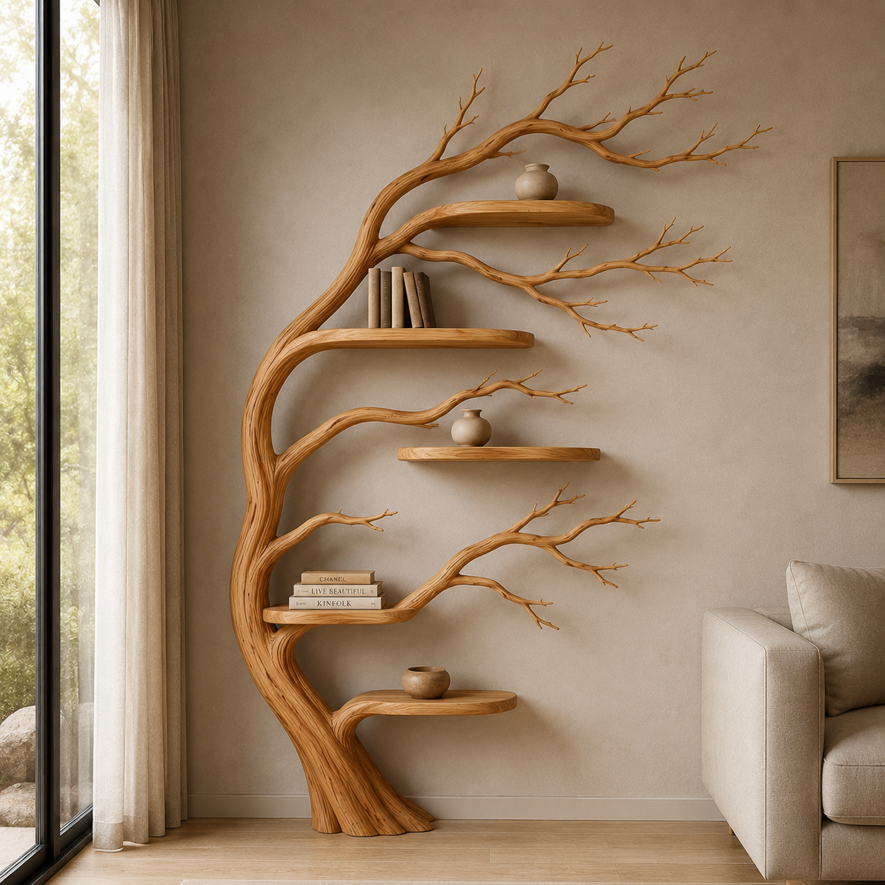 Handcrafted Solid Wood Tree Bookshelf, Organic Wall Shelf