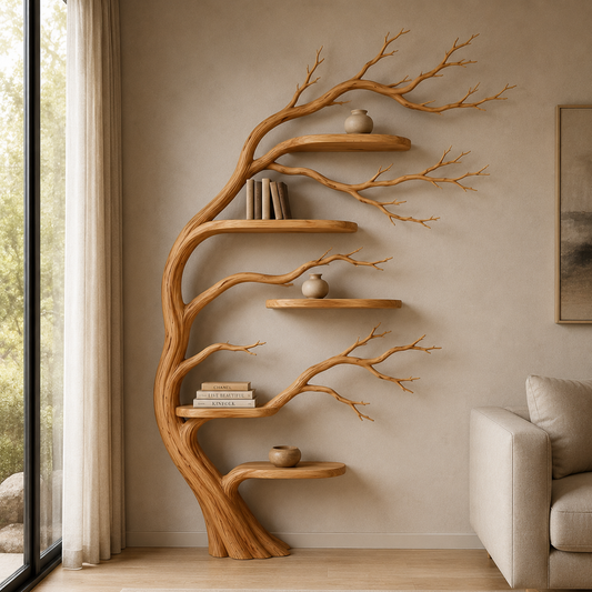 Handcrafted Solid Wood Tree Bookshelf, Organic Wall Shelf