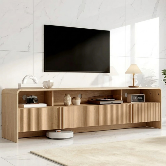 Modern Solid Wood TV Stand with Open Shelf Fluted Doors Low Profile Media Console