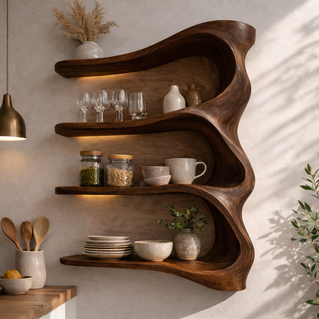 Solid Wood Wall Mounted Kitchen Cabinet Shelf – Curved Organic Wooden Storage Display