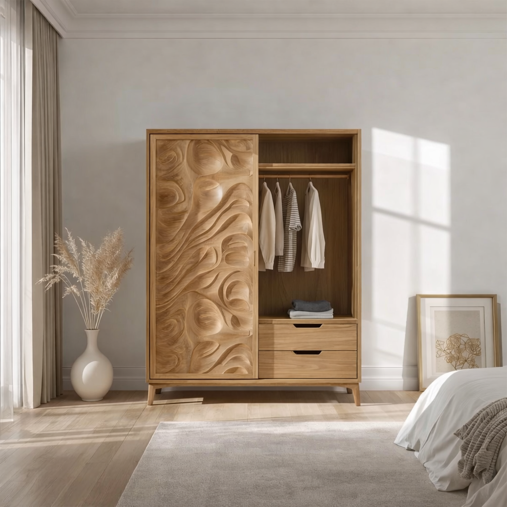 Solid Wood Wardrobe with Carved Panel Door – Modern Bedroom Closet with Drawers