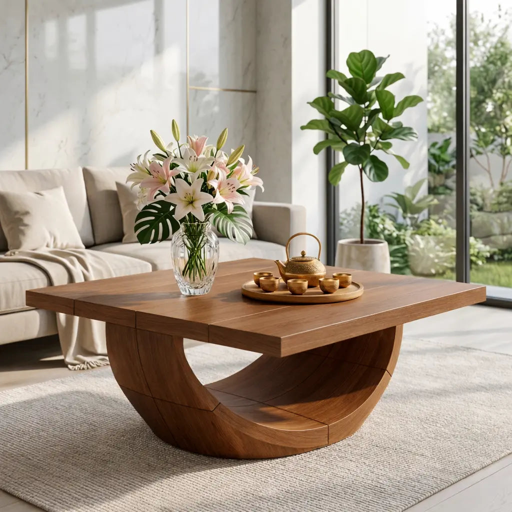 Unique Curved Wooden Coffee Table, Modern Minimalist Living Room Furniture Kitchnce