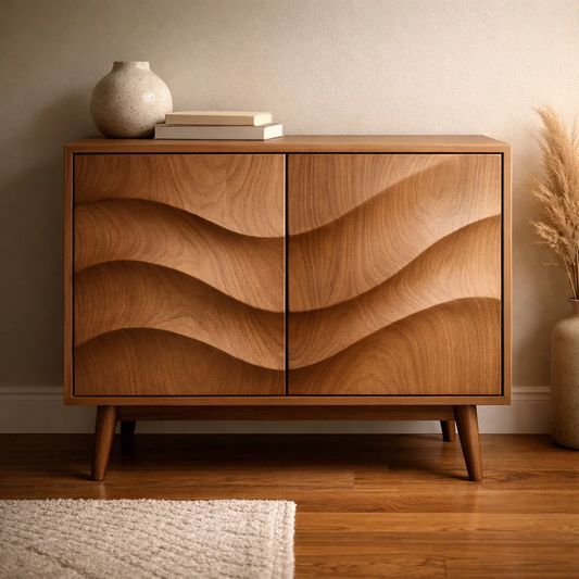Wave-Design Solid Wood Console Cabinet - Mid-Century Modern Storage