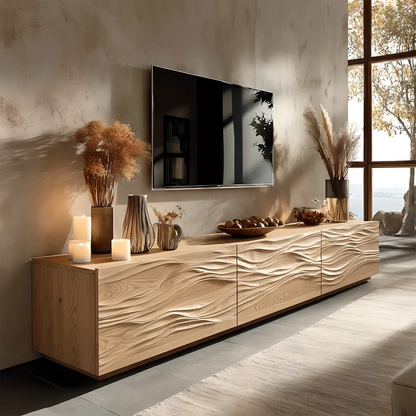 Solid Wood TV Stand Modern Oak Media Console with Wave Carved Doors and Storage