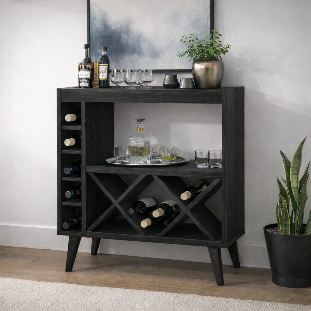 Solid Wood Wine Cabinet with X Rack and Open Shelf Storage