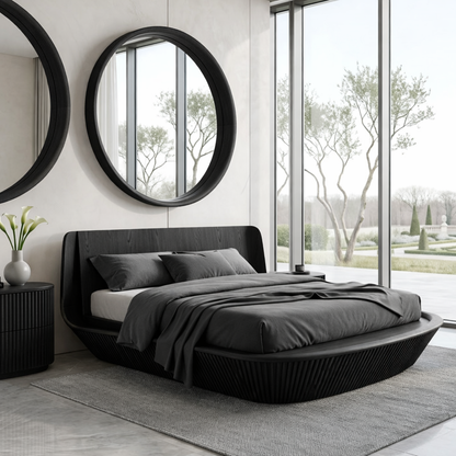 Modern Wooden Bed Frame with Curved Headboard and Low Profile Platform Style