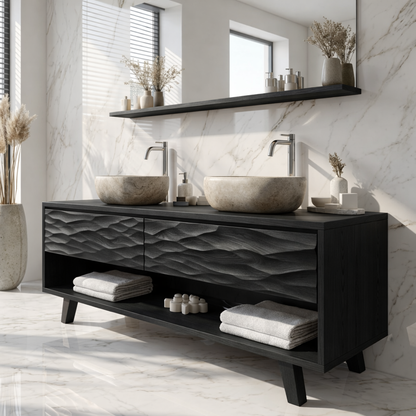 Modern Solid Wood Double Bathroom Vanity with Textured Front and Open Shelf Storage