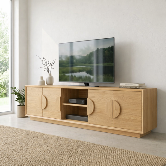 Modern Solid Wood Media Console with Storage – Minimal TV Stand with Cabinets
