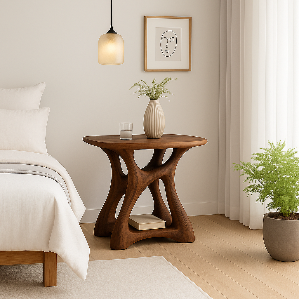 Handcrafted Solid Wood Nightstand – Modern Sculptural Bedside Table with Open Storage Kitchnce