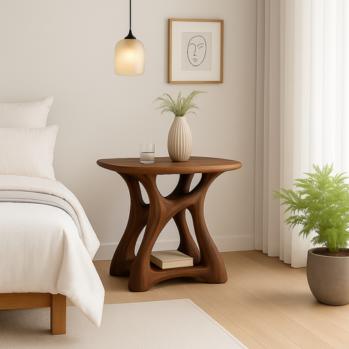Handcrafted Solid Wood Nightstand – Modern Sculptural Bedside Table with Open Storage Kitchnce