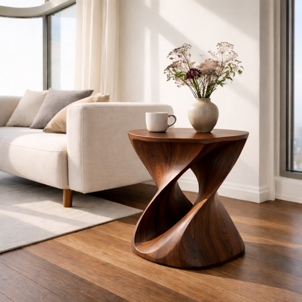 Modern Sculptural Solid Wood End Table – Artistic Curved Side Table for Living Room Kitchnce