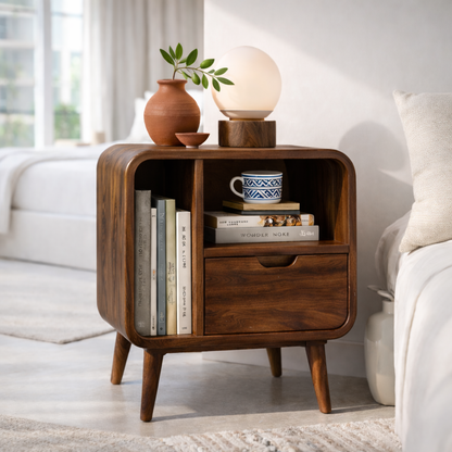 Mid Century Solid Wood Nightstand with Drawer & Shelf – Modern Bedside Table