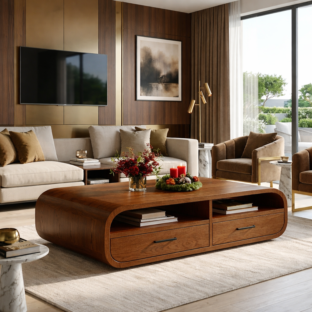 Modern Wooden Coffee Table with Drawers and Storage Space