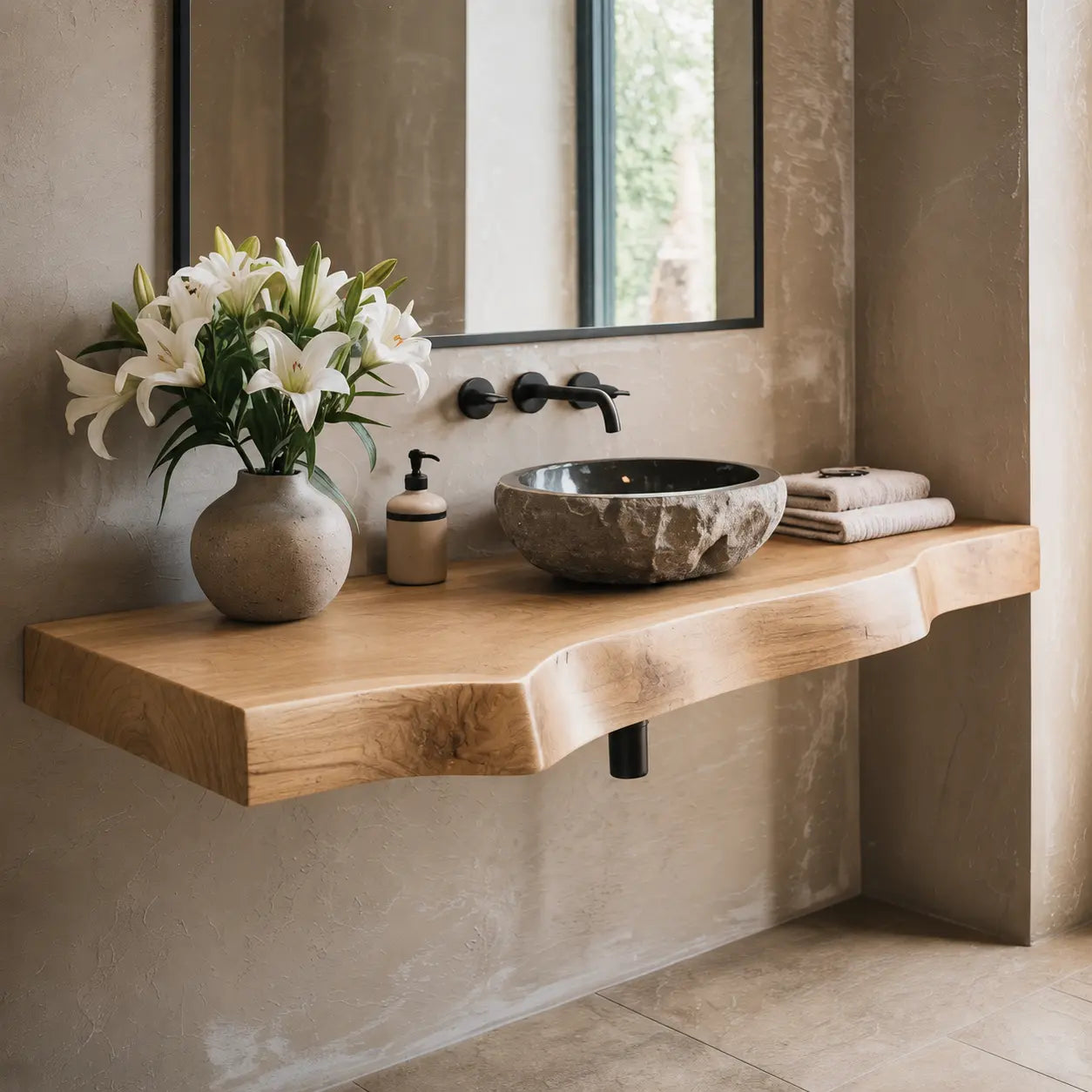 Live Edge Bathroom Vanity Shelf | Solid Wood Floating Sink Counter Kitchnce