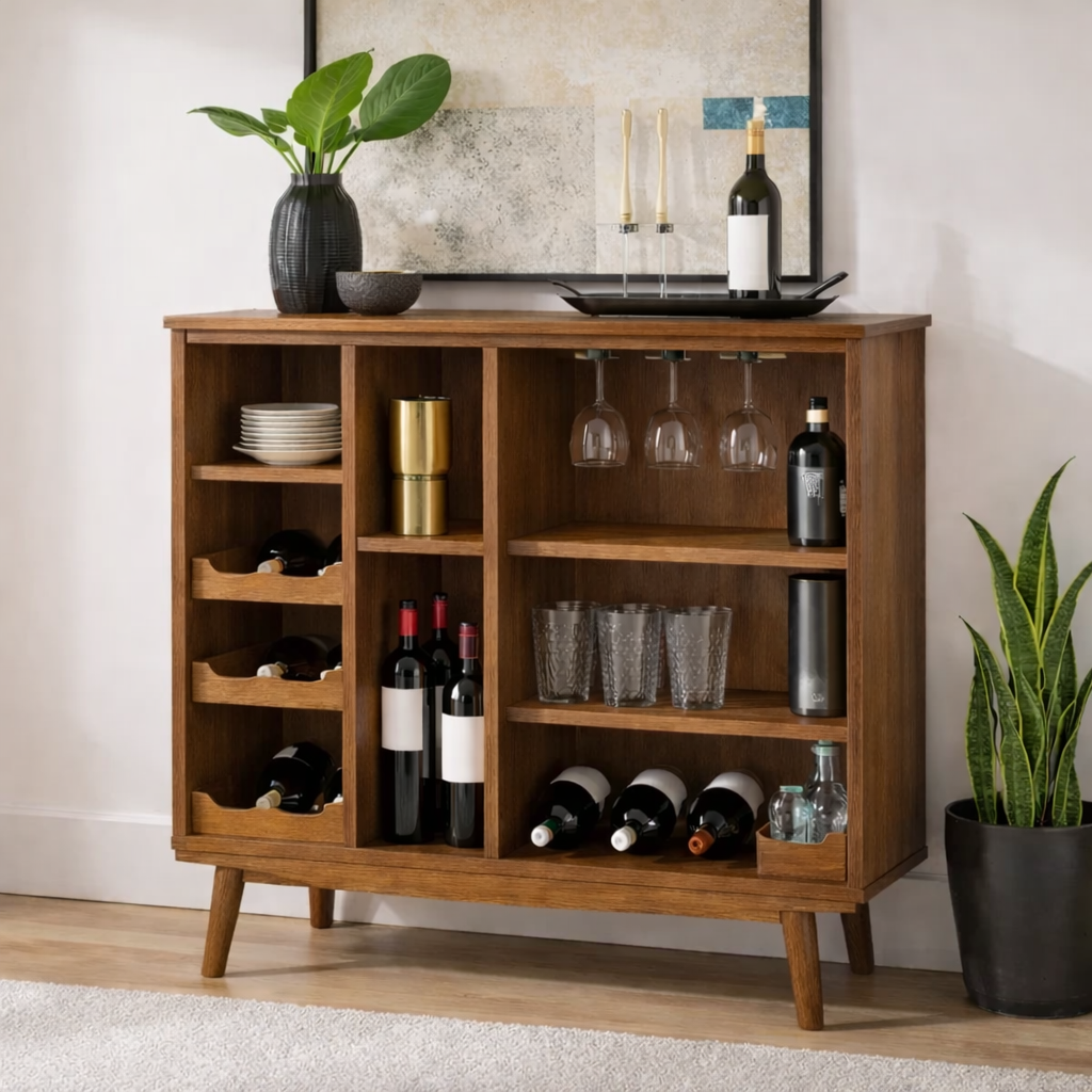 Solid Wood Wine Cabinet with Open Shelves and Glass Rack Storage Unit