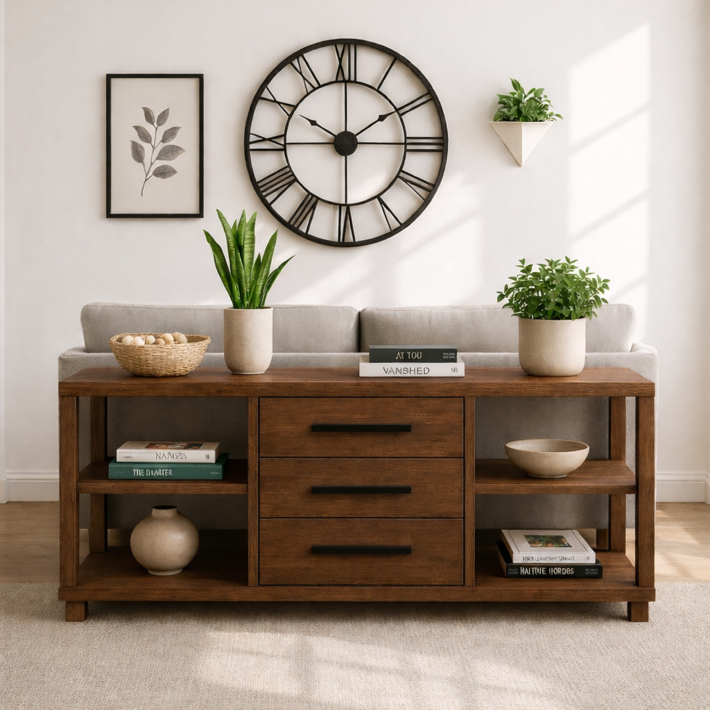 Solid Wood Console Table with Drawers and Shelves, Modern Walnut Entryway Sofa Table Storage Cabinet Kitchnce