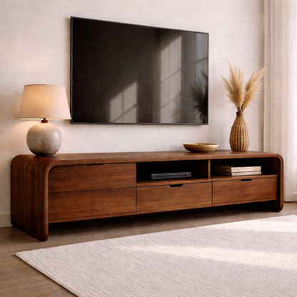 Solid Wood TV Cabinet with Drawers and Open Shelf Storage