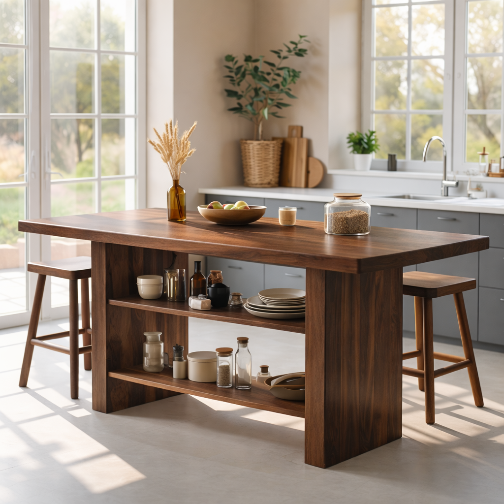 Modern Dining Table with Open Storage Shelves and Bar Seating, Multifunction Kitchen Island Table