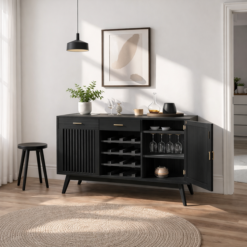 Mid Century Solid Wood Wine Cabinet with Fluted Door and Bottle Storage