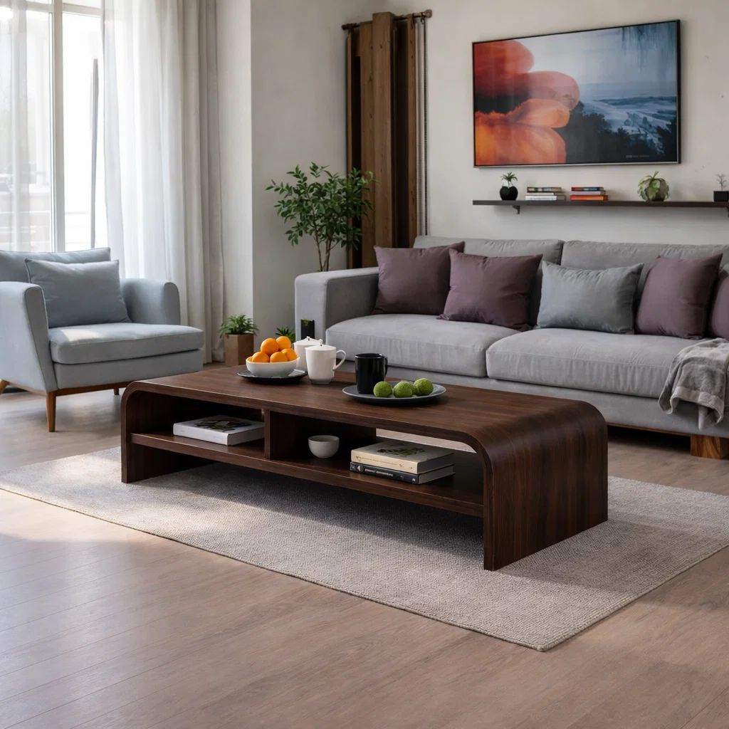 Solid Wood Waterfall Coffee Table with Open Shelf – Modern Minimalist Living Room Table